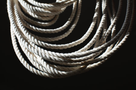 a lot of dangling white cotton ropes on black background.