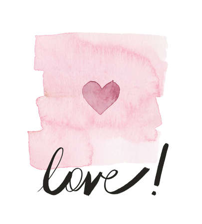 Pink stain painted by watercolor with sweet little heart n the middel with black inscription: loveの写真素材