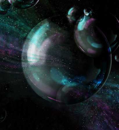 Some bubbles flying in space on nebula background. Night sky full of stars.