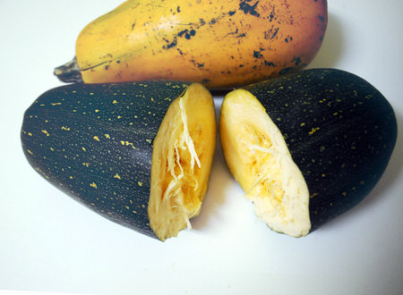 Double color (green and yellow) the squashes or cucurbites lie on a white table top. One of them is cut in half.の写真素材