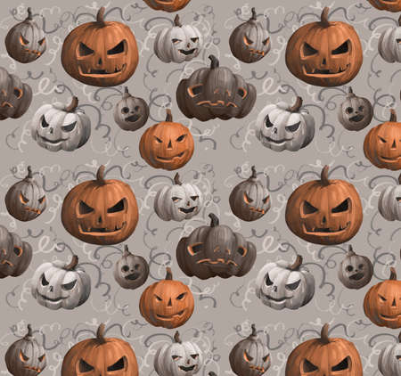 realistic illustration in warm shades of orange. Pattern with pumpkins for halloween.の写真素材