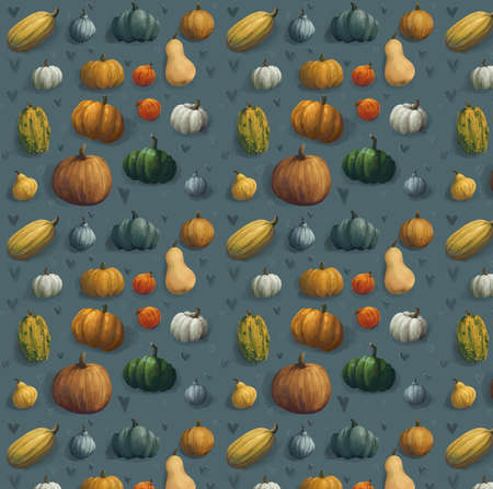 realistic illustration in warm shades of orange and blue. Pattern with pumpkins for halloween.の写真素材