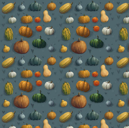 realistic illustration in warm shades of orange and blue. Pattern with pumpkins for halloween.の素材 [FY310174094243]