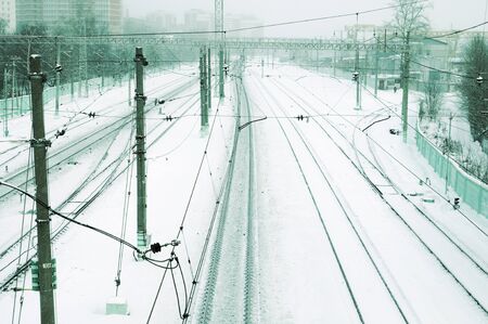  Train tracks at the train depot in winter snowfallのeditorial素材