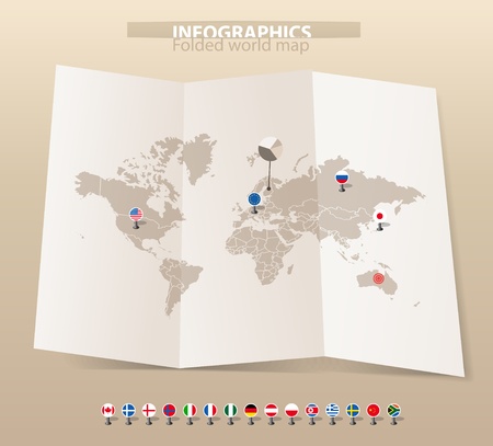 World map on old map and flags of different countriesのイラスト素材