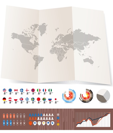 World map on old map and flags of different countries, diagrams and other signs. You can select any country by colorのイラスト素材