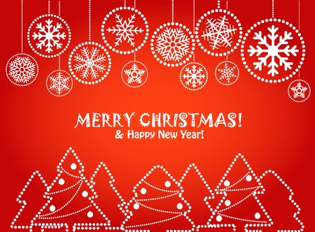 Christmas greeting card with abstract balls with ornament of snowflakes and forest of christmas trees,のイラスト素材