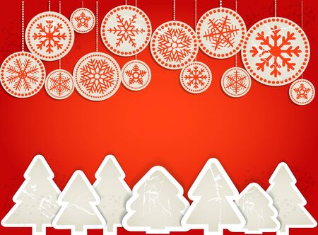 Christmas greeting card. Abstract paper toys with ornament of snowflakes and forest of vintage paper christmas trees, のイラスト素材