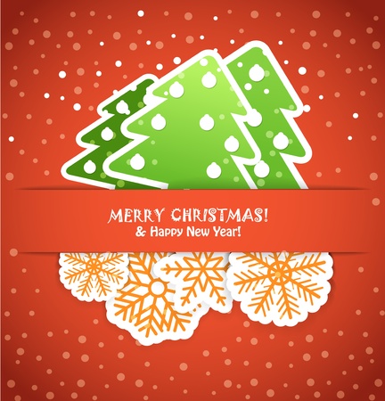 Happy new year greeting card with paper flakes and christmas treesのイラスト素材