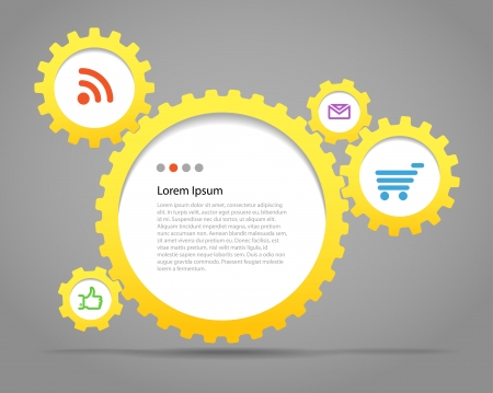 Abstract speech clouds of gear wheels with media icons  Template for a textのイラスト素材