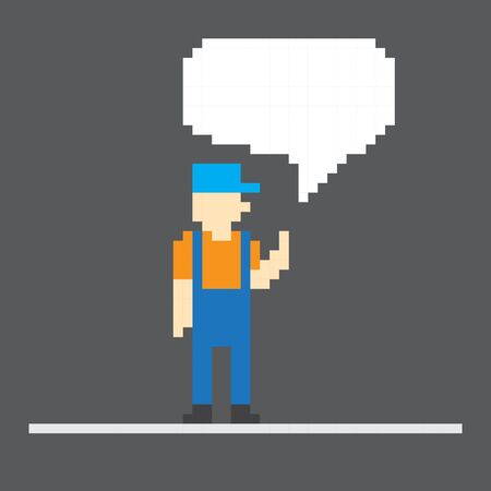 Pixel worker with speech cloud  Template foe a textのイラスト素材