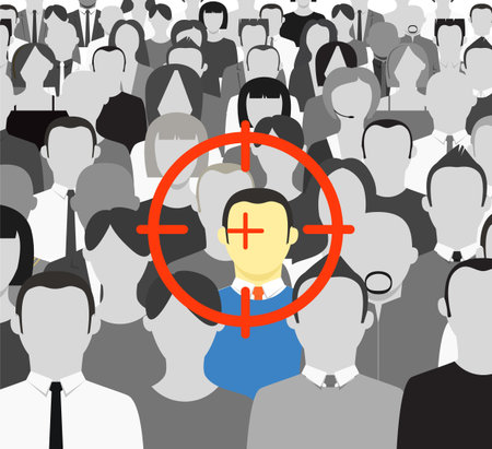 The crowd of grey people and the target on color manのイラスト素材