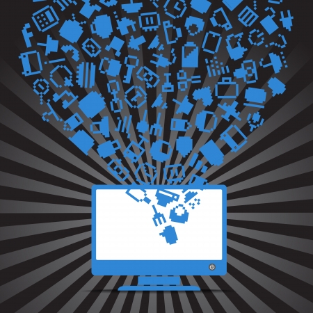 Abstract media icons falling down to the monitorのイラスト素材