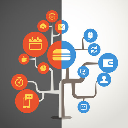 Abstract red and blue circles on the tree with different iconsのイラスト素材