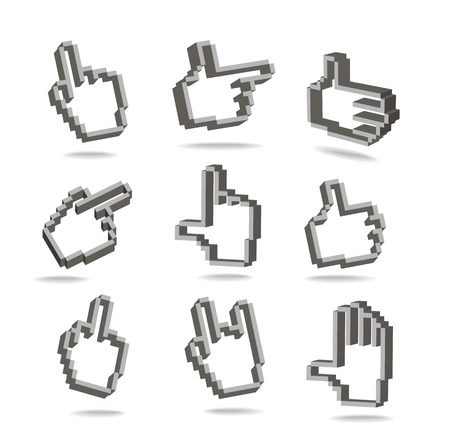 Pixel hand cursors collection in perspective isolated on whiteのイラスト素材