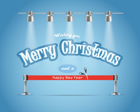 Photorealistic bright stage with projectors and red ribbon  Chtristmas greetingsのイラスト素材