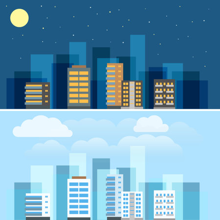 Abstract city buildings illustration set. Ftat designのイラスト素材