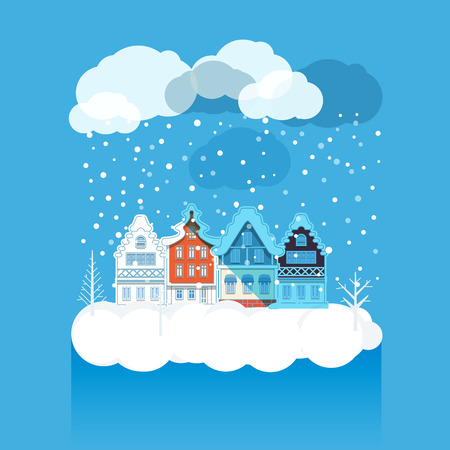 Vintage buildings with snowfall on Winterのイラスト素材