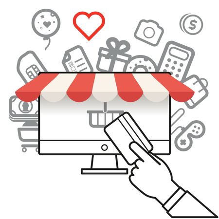 Shopping via internet connection. Simle line design illustrationのイラスト素材