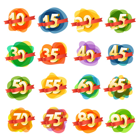 Different digits with ribbons. Sale banners watercolor styleのイラスト素材