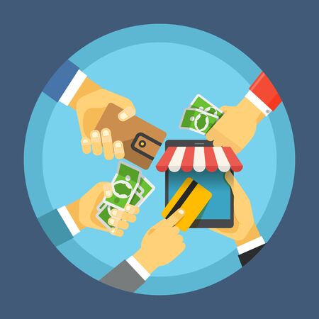 Digital commerce illustration. Online shopping with modern deviceのイラスト素材