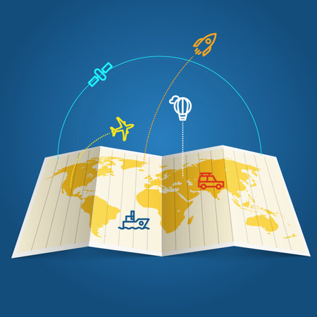 Different vehicles on the Earth map. Infographic elementsのイラスト素材