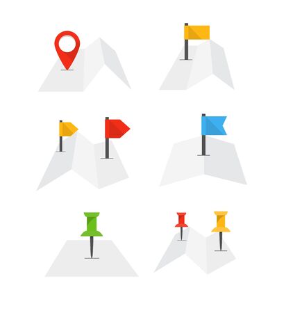 Folded abstract city map with collection of flags isolated on white. Flat designのイラスト素材