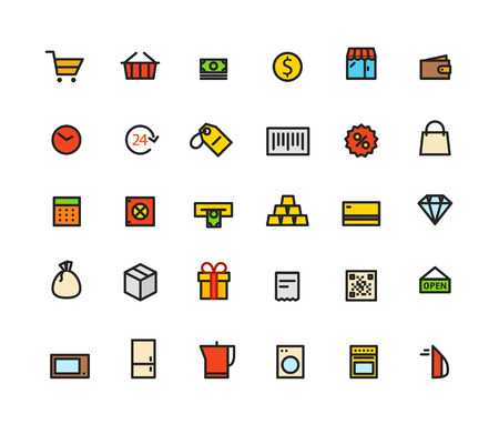 Different line style color icons set. Shopping and moneyのイラスト素材