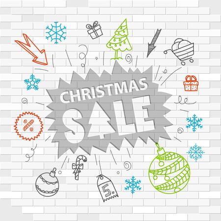 White brick wall and graffiti label. Christmas saleのイラスト素材