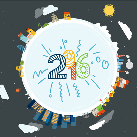 Flat design illustration of the Earth with buildings. Happy new 2016!のイラスト素材