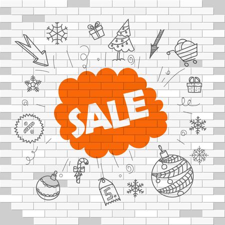 White brick wall and graffiti label. Christmas saleのイラスト素材
