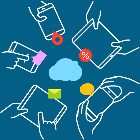 Business conference with modern gadgets. Lineart vector illustrationのイラスト素材