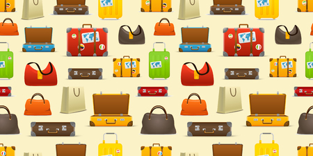 Different color travel bags vector collection. Seamless patternのイラスト素材