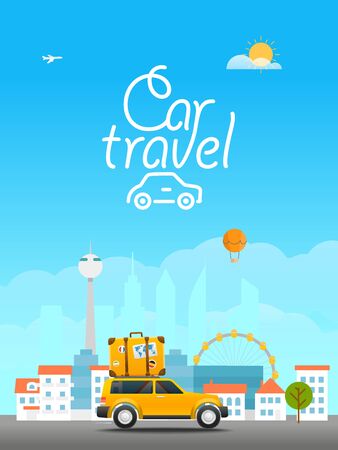 Vacation travelling concept. Vector travel illustration with the car. Car travel 
conceptのイラスト素材