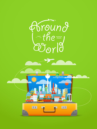 Vacation travelling composition with the open bag. Touristic famous sights. Around the worldのイラスト素材