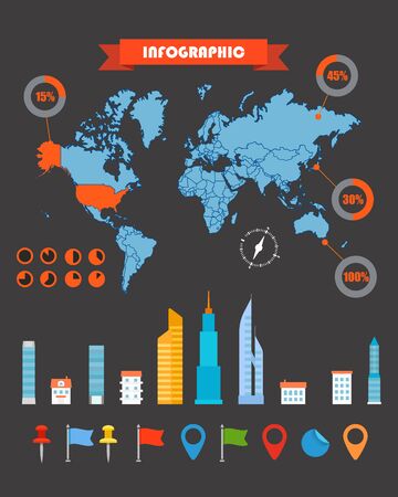 Infographics. Earth map and different charts on black. Infographic elements templateのイラスト素材