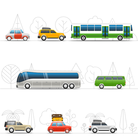 Vacation travelling concept. Flat design vector illustration. Different vevicle voyageのイラスト素材