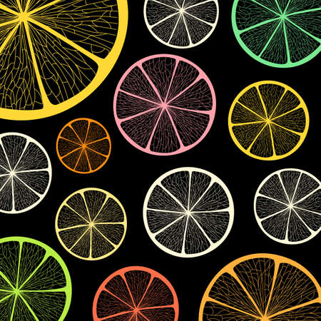 Different colorful citrus slices on black backgroundのイラスト素材