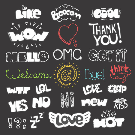 Different sketch style words collection on dark background. Vector doodles setのイラスト素材