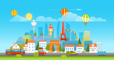 Dirrefent world famous sights. Modern cityscape Vector travel illustrationのイラスト素材