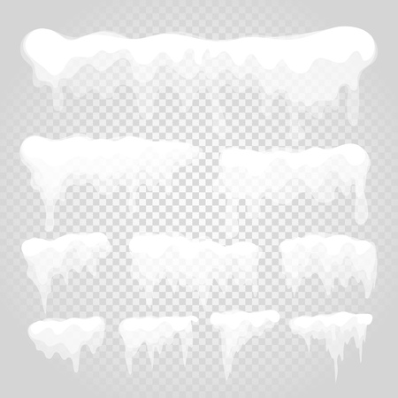 Vector icicle and snow elements on transparent background. Different snow cap isolated on white. Snow elements on winterのイラスト素材