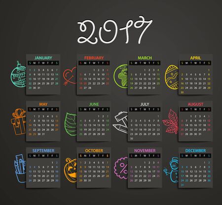 2017 year vector calendar template with different doodles. Flat design template. 
Calendar for 2017 yearのイラスト素材