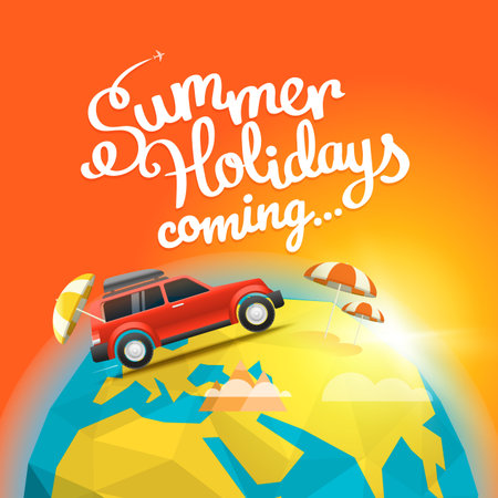Summer travel vector illustration. Summer holidays coming concept. Car travel conceptのイラスト素材