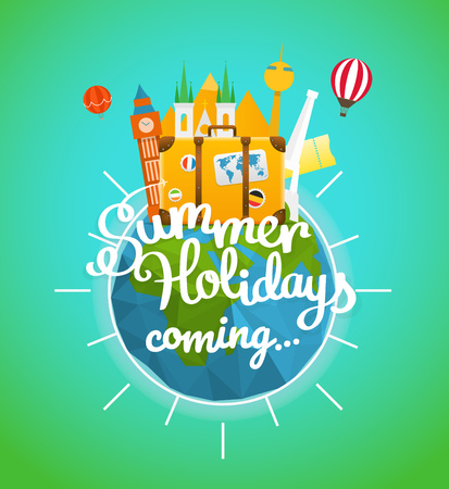 Vacation travelling concept. Vector travel illustration with different famous sights. 
Hello summer holidays conceptのイラスト素材