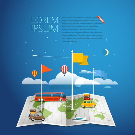 World map with different marks and transport. Ready for a textのイラスト素材