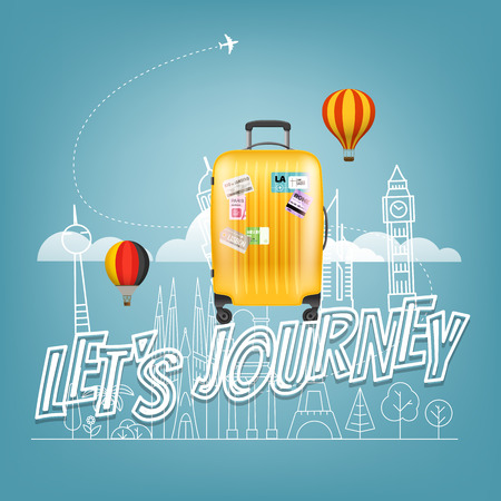 Color plastic travel bag with different travel elements vector illustration. Travel conceptのイラスト素材