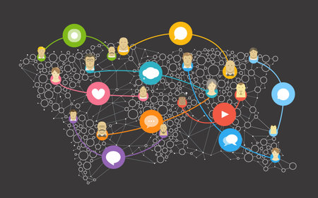 Social media abstract network vector concept. Abstract communication scheme on the Earth map. Connecting peopleのイラスト素材