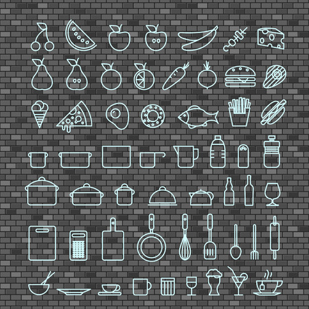 Different thin line cook and food vector collection. Different silhouettes set on brick patternのイラスト素材
