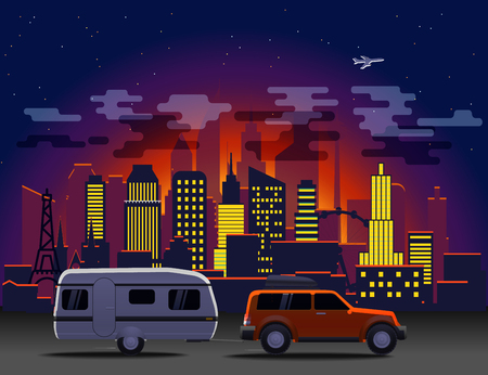 Travelling car in modern city with night illuminationのイラスト素材