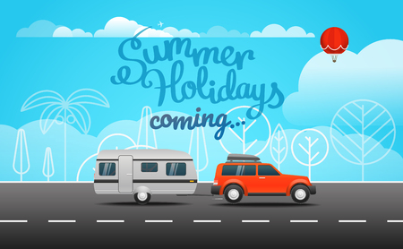 Car on the way vector illustration. Summer holidays comingのイラスト素材